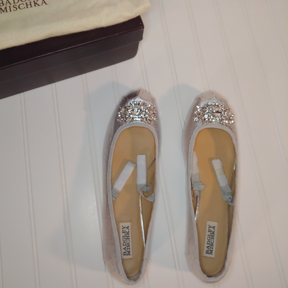 Badgley Mischka Karter II Silver Soft Leather Ornamented Ballet Flat size 10 NWT - Picture 12 of 16